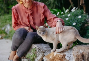 Woman petting a light gray cat on garden rocks surrounded by green plants and white flowers.