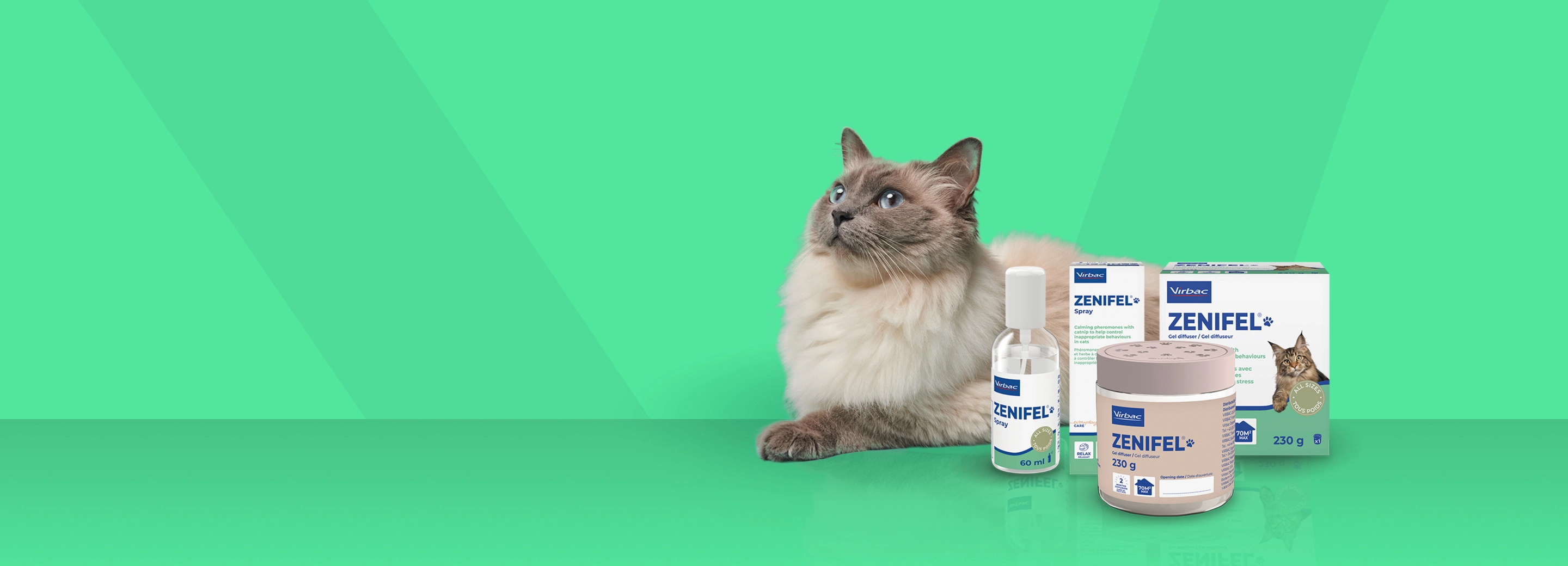 Fluffy cat with Virbac Zenifel calming products on green background.