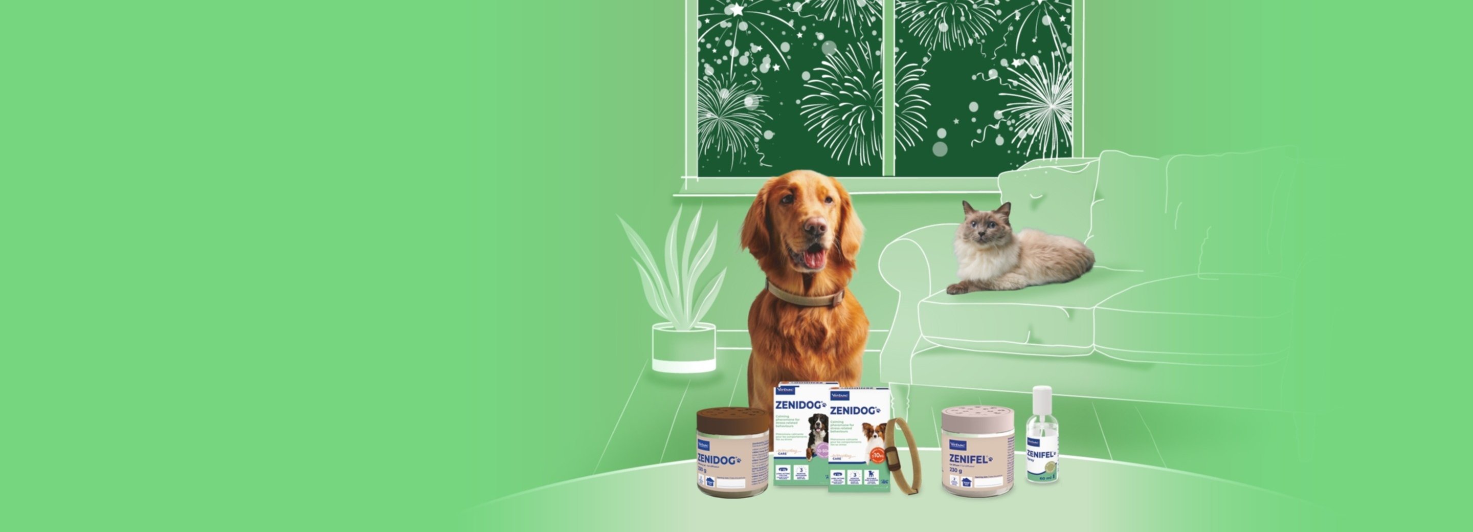 Dog and cat indoors with Virbac Zenidog and Zenifel calming products, fireworks outside the window.
