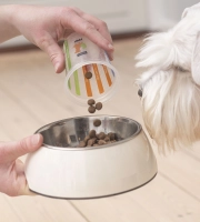 Dog_person pouring pet food in a bowl with white dog looking_indoor_with petowner_advice